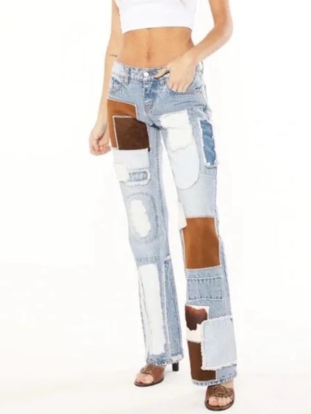 REVICE Patchwork Distressed Flare Jeans in Light Blue and Brown - Picture 3 of 8